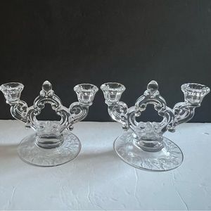 Pair Cambridge Rose Point 2 light Candle Holders Etched